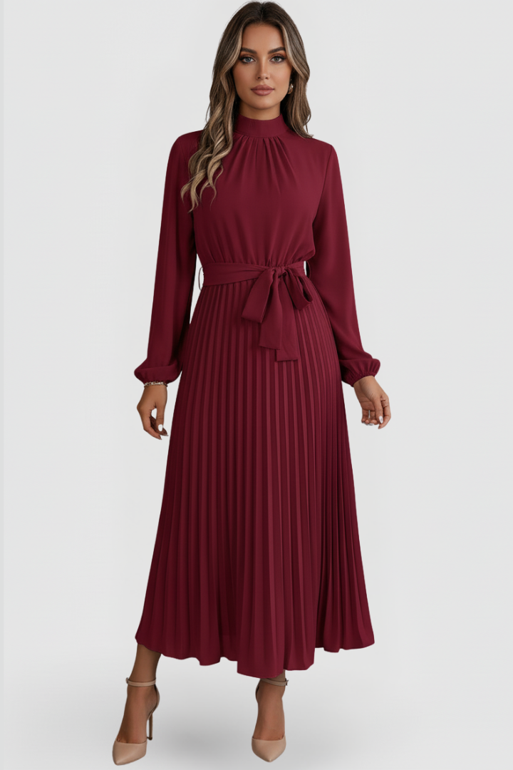 Emilia | Damen Plissee Midikleid Langarm
