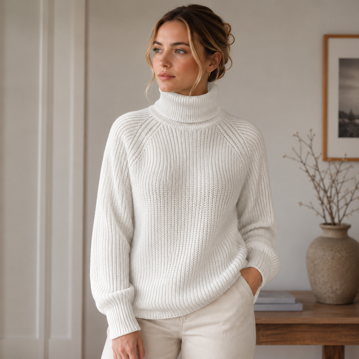 Esther | Damen Rollkragenpullover mit Strickmuster, Oversized Stil und Weitem Schnitt