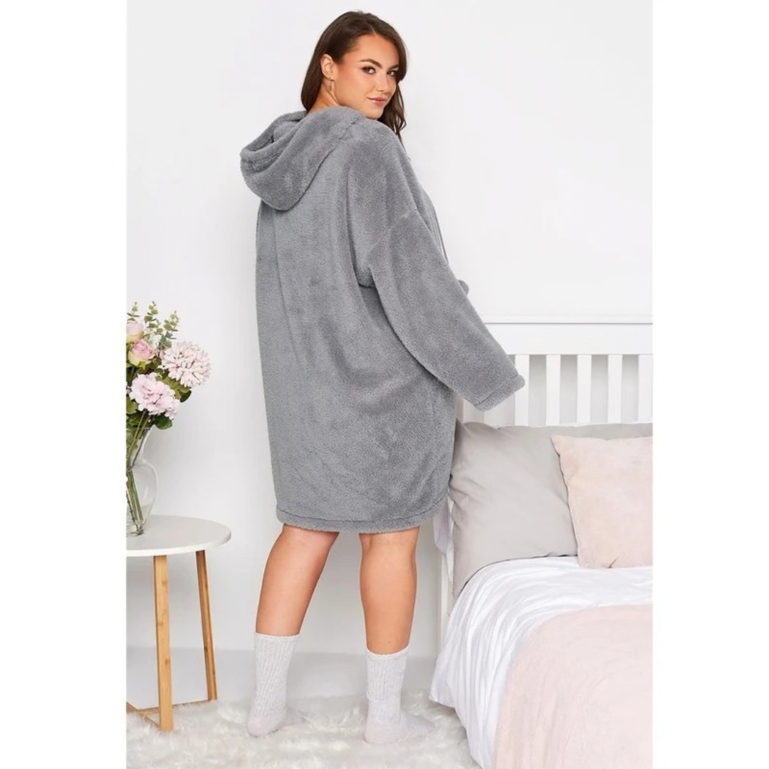 Eveline | Damen Grau Hoodie Kleid für Große Größen mit Teddy und Kapuze im Oversize Stil