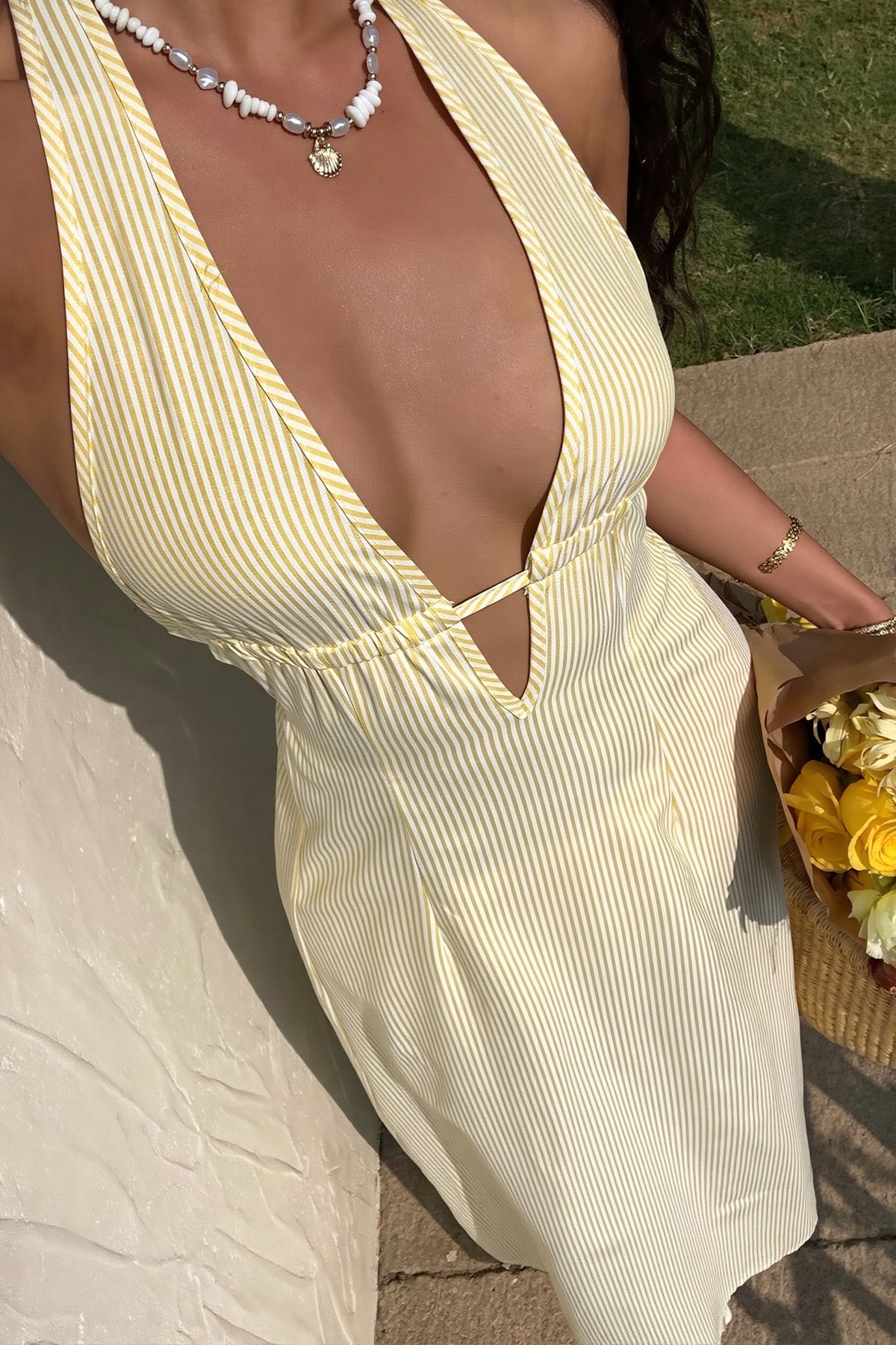 Sexy Streifen Halter Maxikleid rückenfrei mit Schnürung