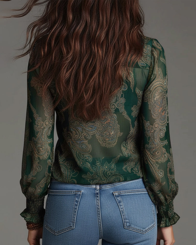 Norayi - Bluse aus Soft-Touch-Material mit Rüschenärmeln, V-Ausschnitt und Print