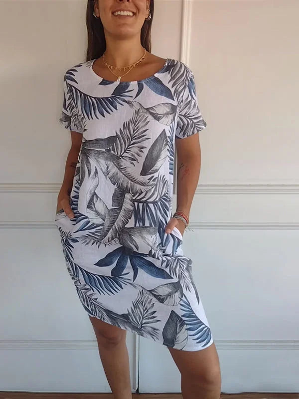 Damen Baumwolle Leinen Bedrucktes Sommerkleid mit Taschen