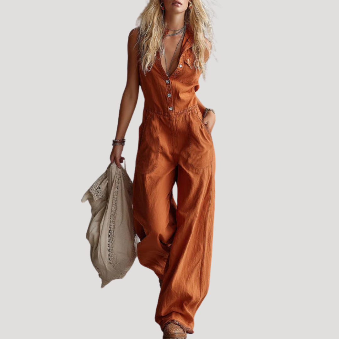 Fiora | Damen Jumpsuit Weites Bein Ärmellos V-Ausschnitt