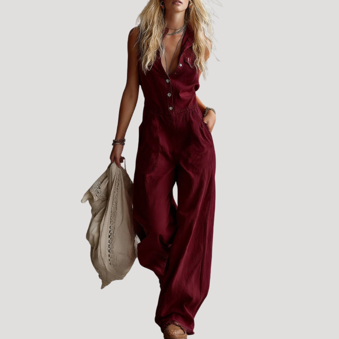Fiora | Damen Jumpsuit Weites Bein Ärmellos V-Ausschnitt