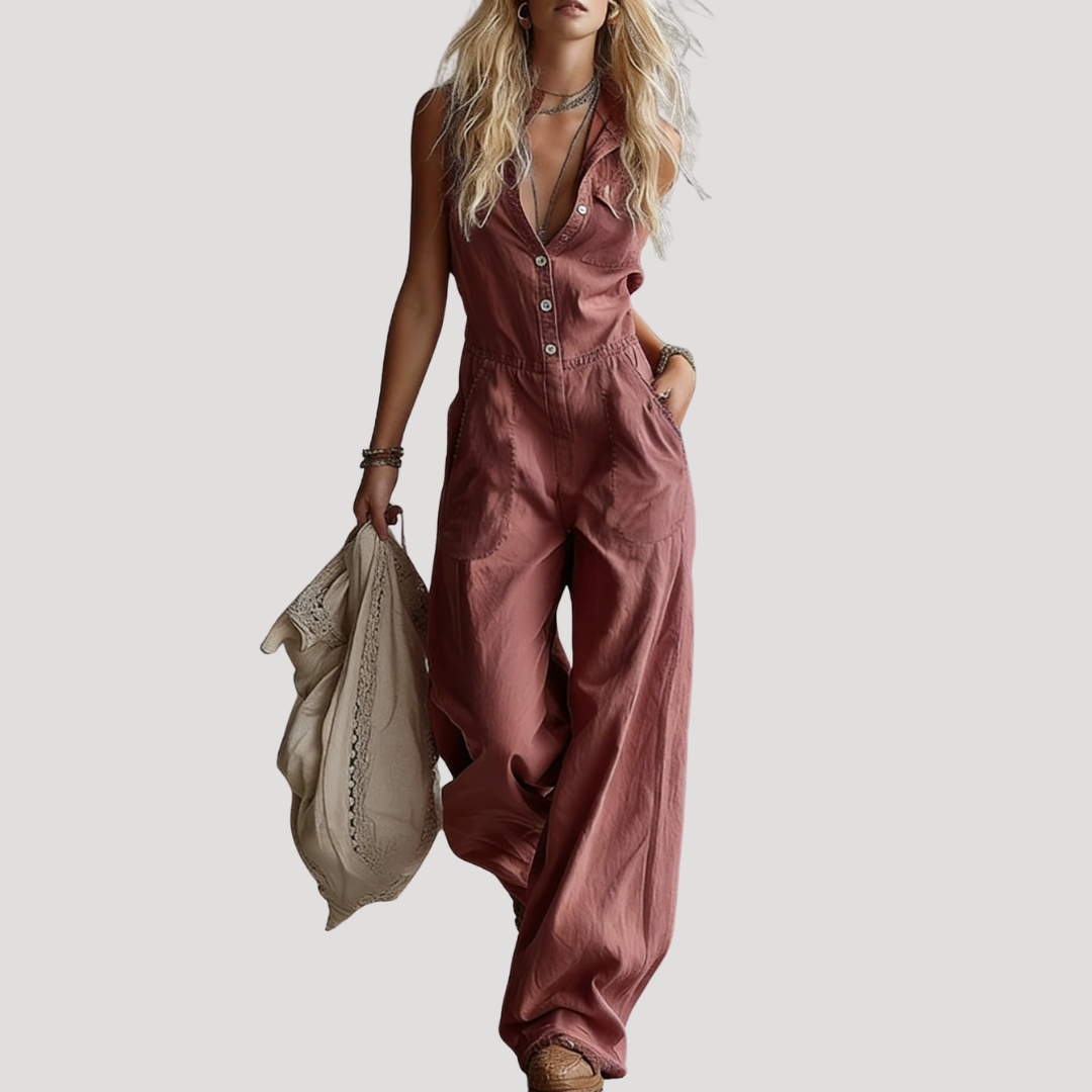 Fiora | Damen Jumpsuit Weites Bein Ärmellos V-Ausschnitt