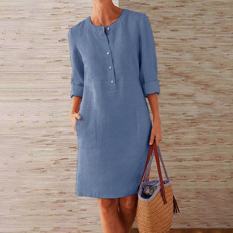 Franka | Damen Hemdblusenkleid mit 3/4 Ärmeln und Taschen