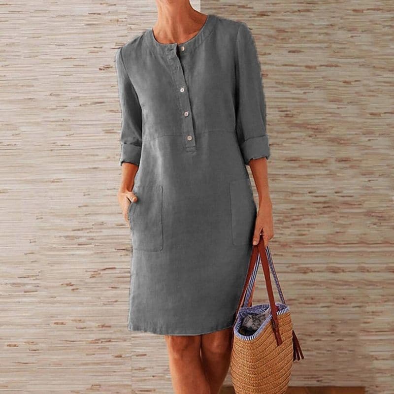 Franka | Damen Hemdblusenkleid mit 3/4 Ärmeln und Taschen