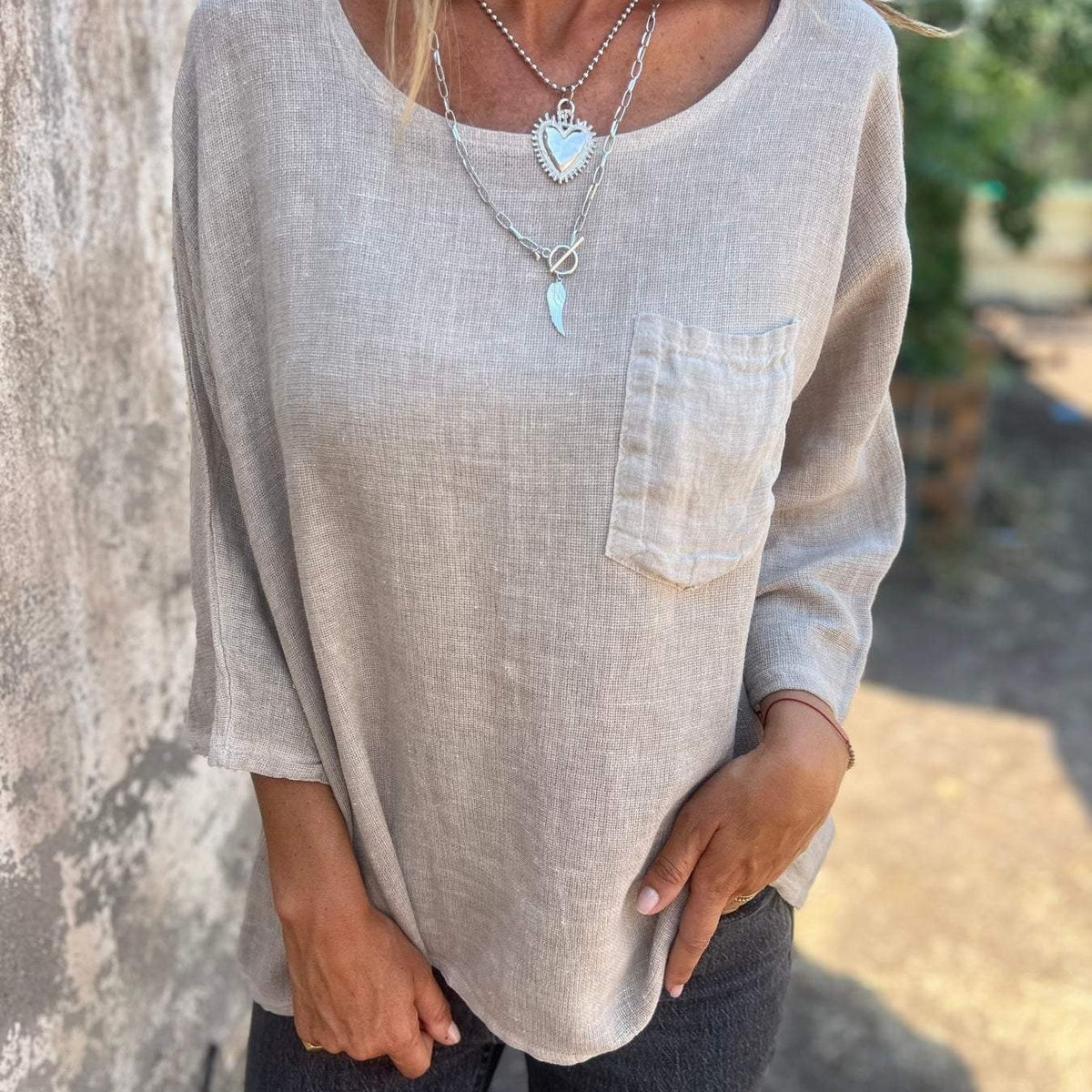 Nadine | Damen 3/4-Arm-Shirt Rundhals mit Brusttasche