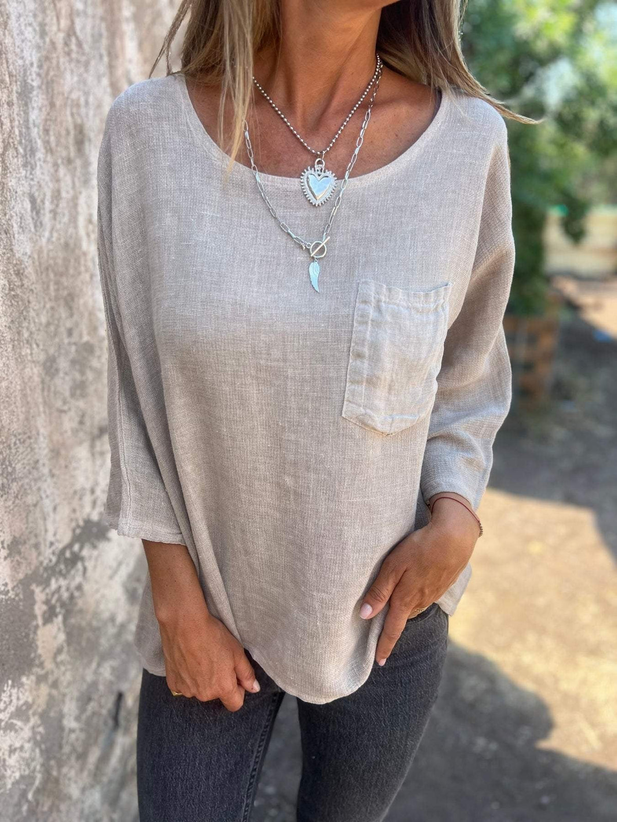 Nadine | Damen 3/4-Arm-Shirt Rundhals mit Brusttasche