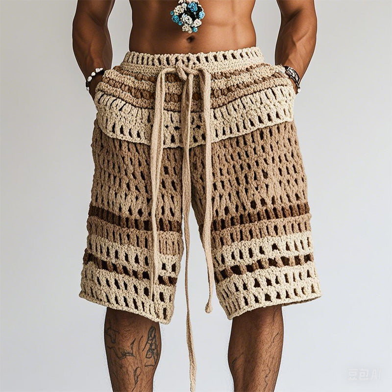 Gestreifte Herren-Shorts mit Lochmuster und Kordelzug