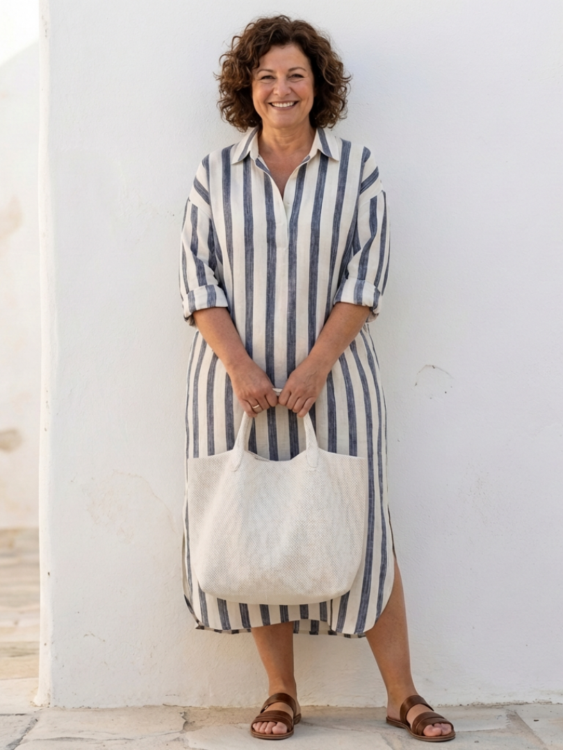 Hannelore | Damen Gestreiftes Langarm Midi Hemdblusenkleid