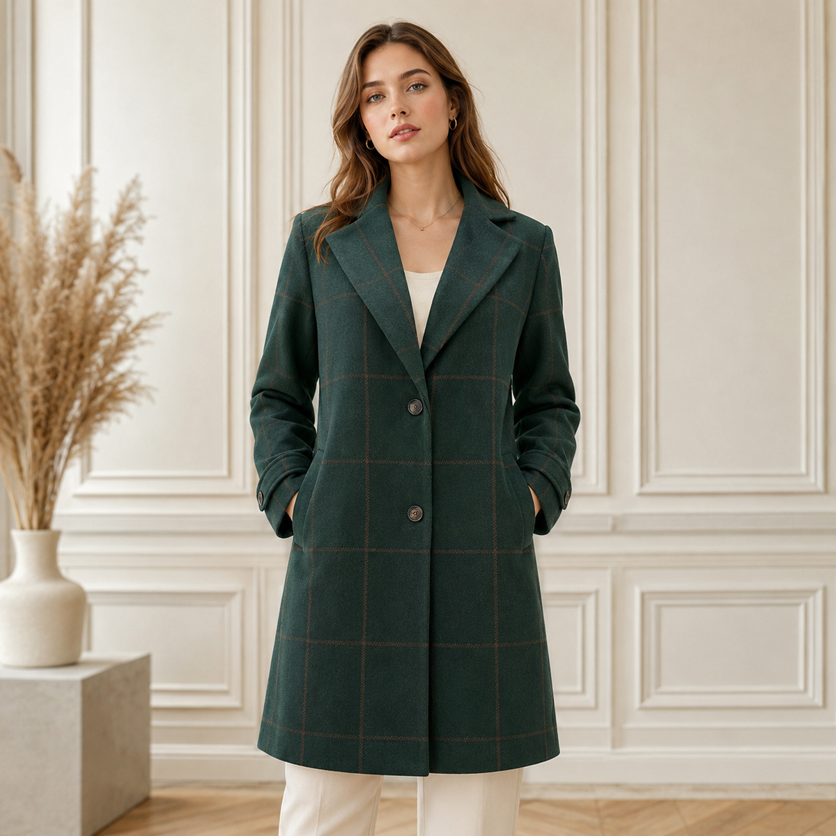 Henriette | Damen elegante karierte Winterjacke in Dunkelgrün