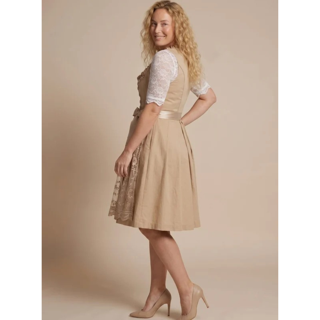 Henrike | Damen Beige Dirndl für Oktoberfest mit Spitzenbluse und Schleife