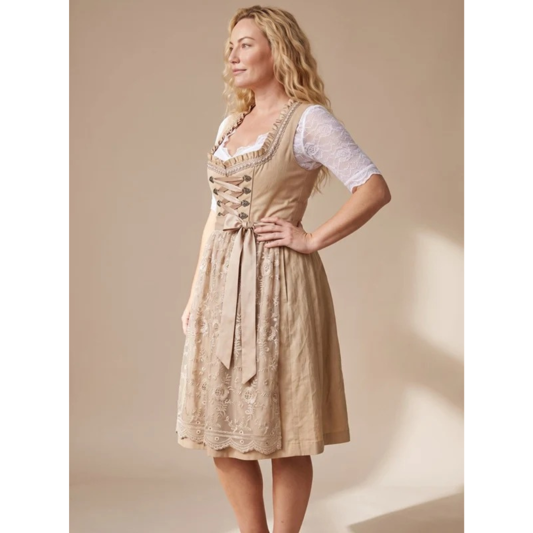 Henrike | Damen Beige Dirndl für Oktoberfest mit Spitzenbluse und Schleife