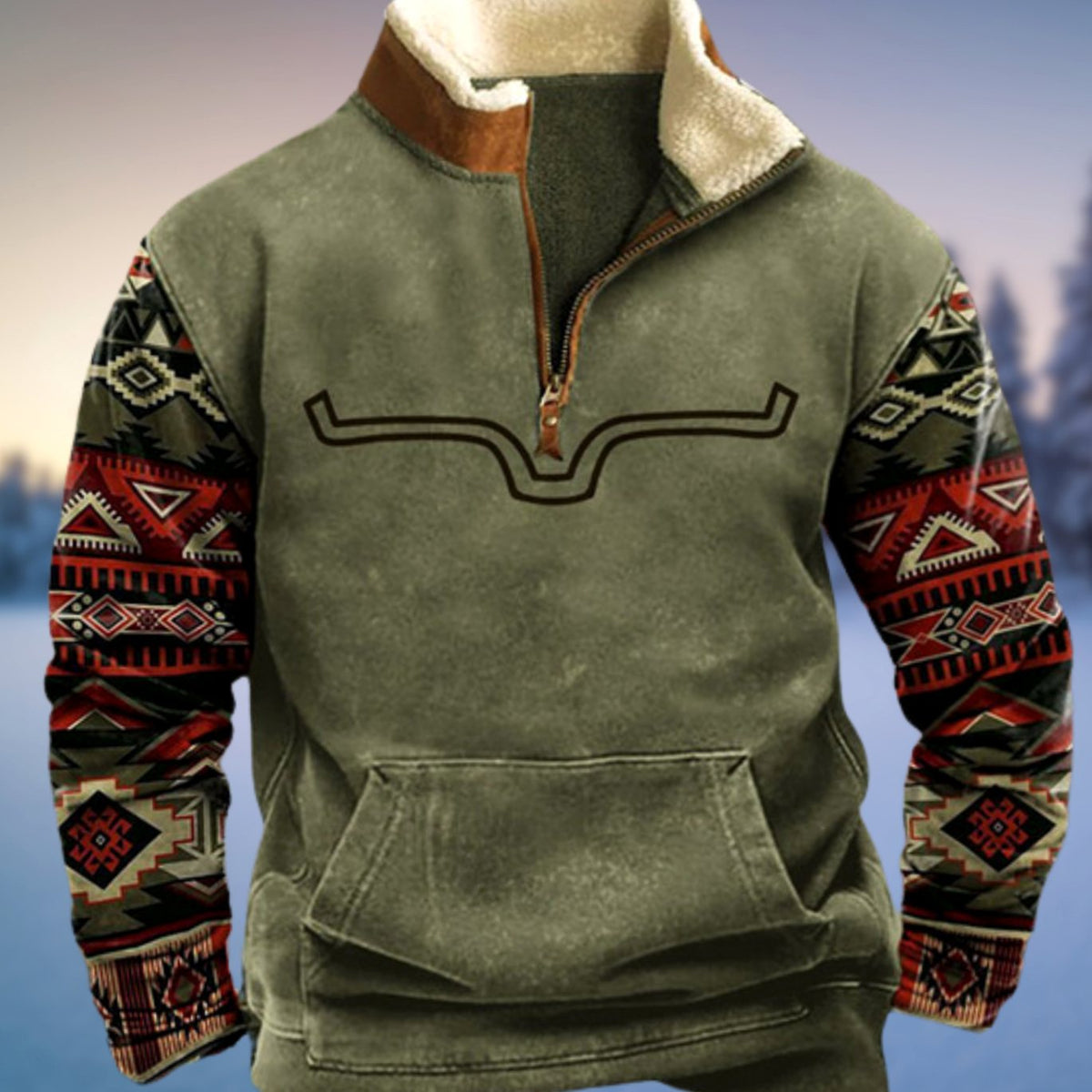 Stefan | Herren Fleece-Sweatshirt mit Halb-Reißverschluss Aztekenmuster Stehkragen