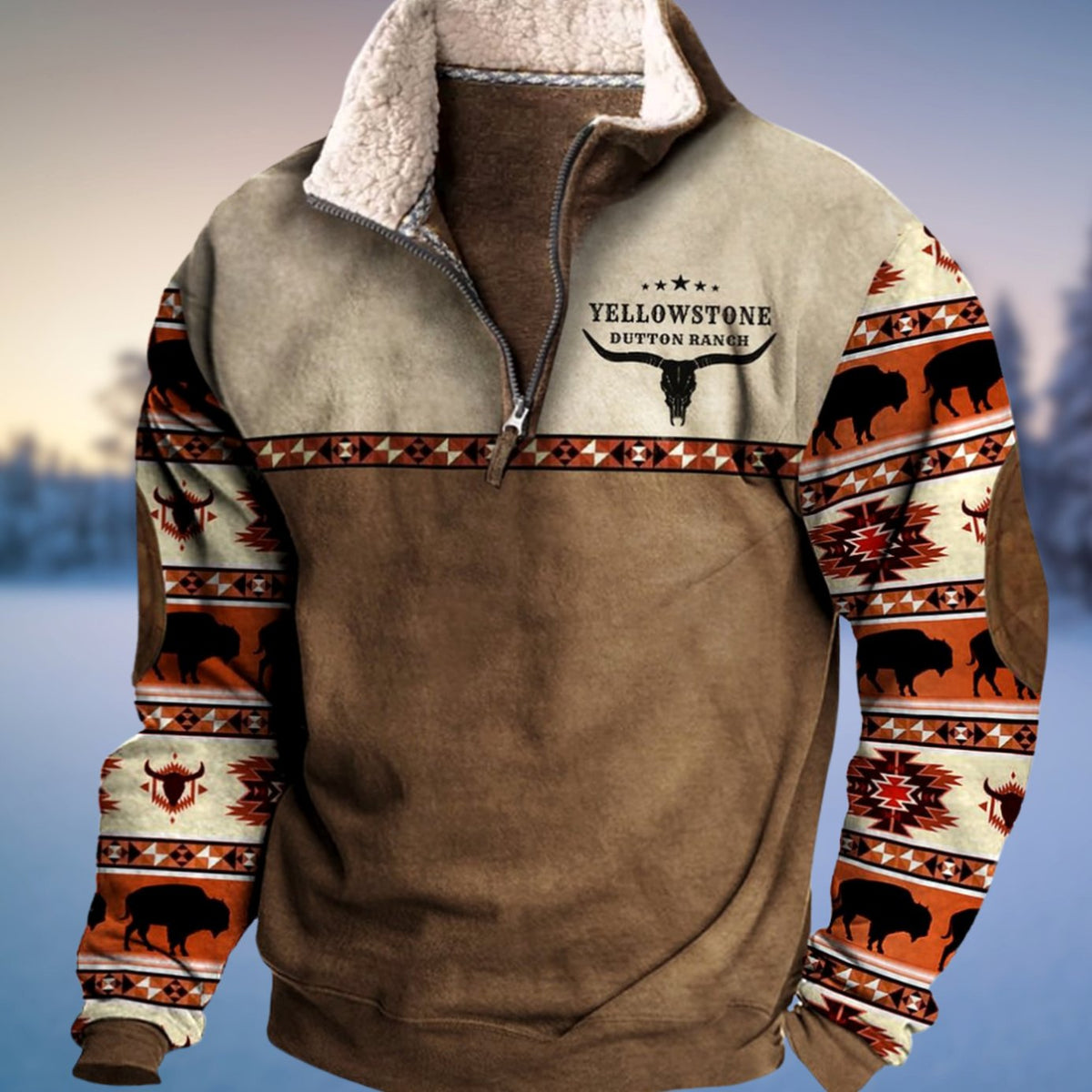 Stefan | Herren Fleece-Sweatshirt mit Halb-Reißverschluss Aztekenmuster Stehkragen