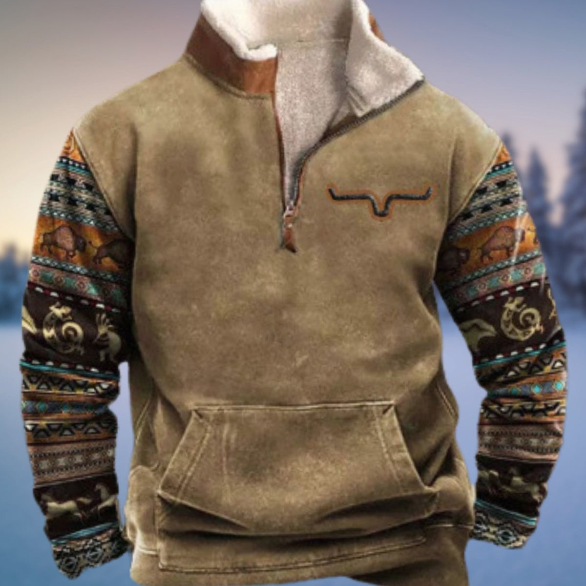 Stefan | Herren Fleece-Sweatshirt mit Halb-Reißverschluss Aztekenmuster Stehkragen
