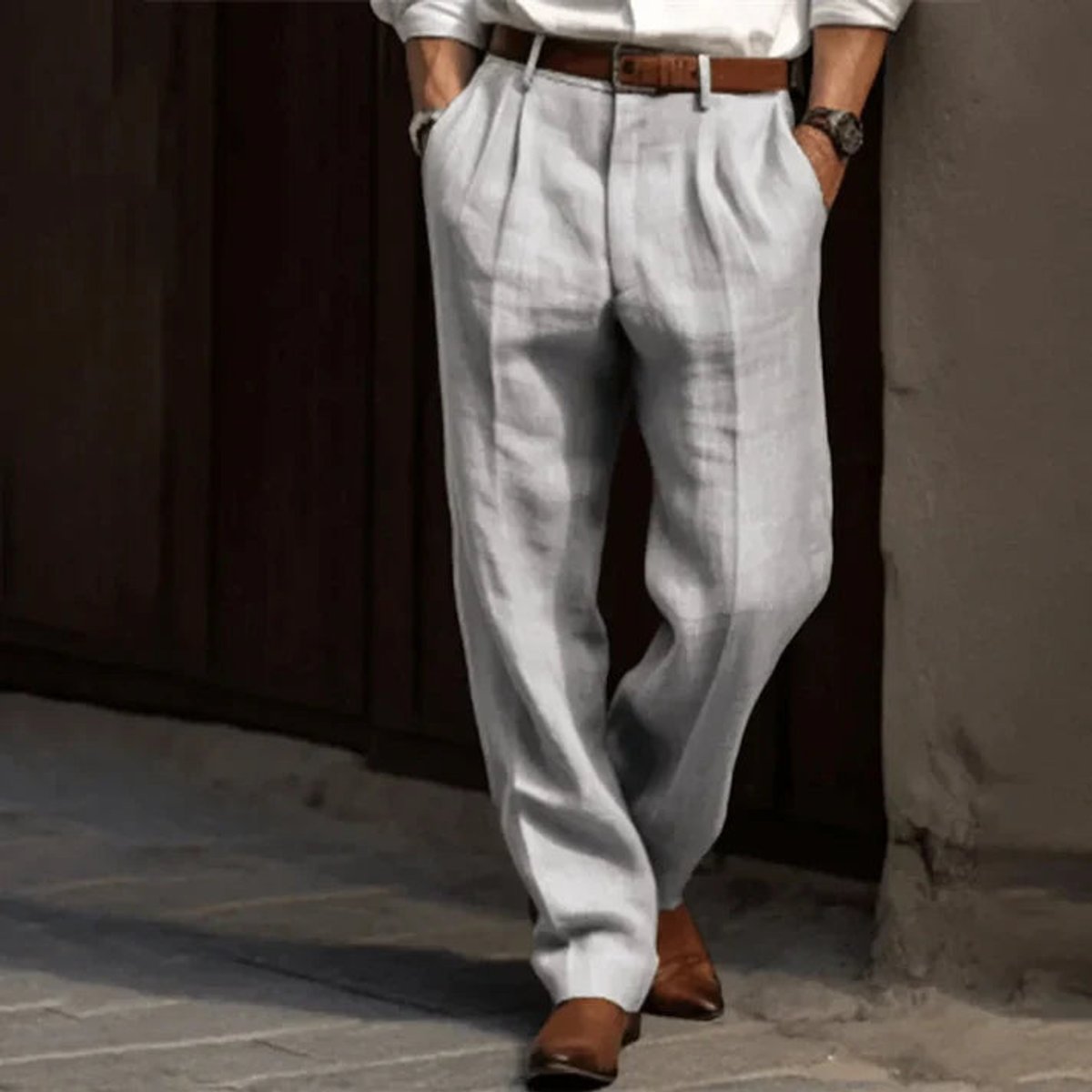 Maximilian | Herren Klassische Plissierte Elegante Leinenhose Lang