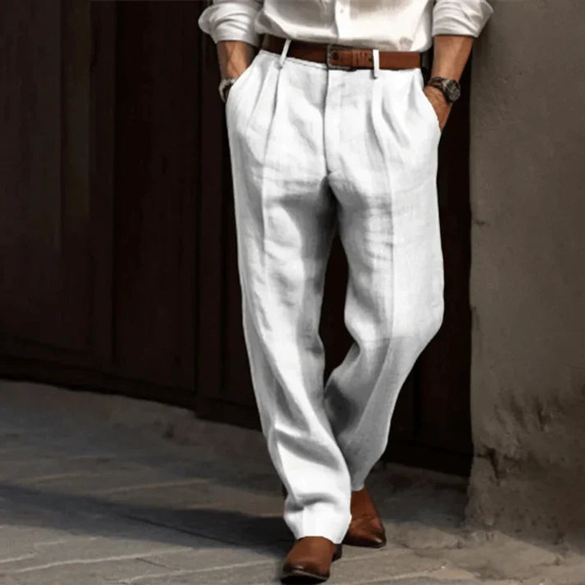 Maximilian | Herren Klassische Plissierte Elegante Leinenhose Lang