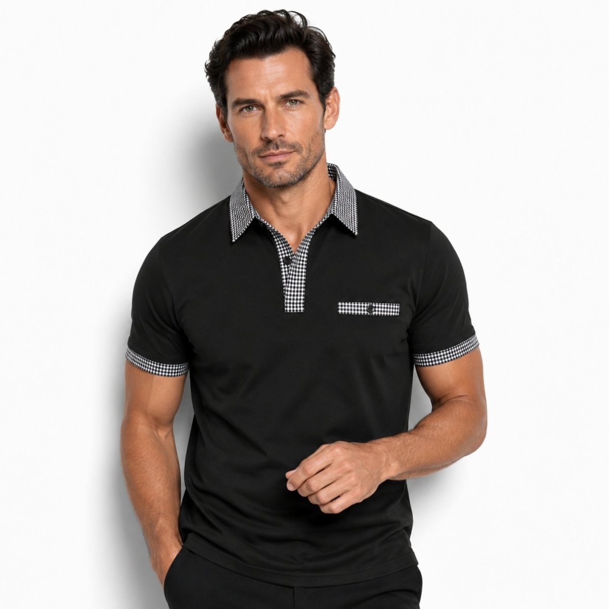Herren-Kurzarm-Poloshirt mit gemustertem Besatz