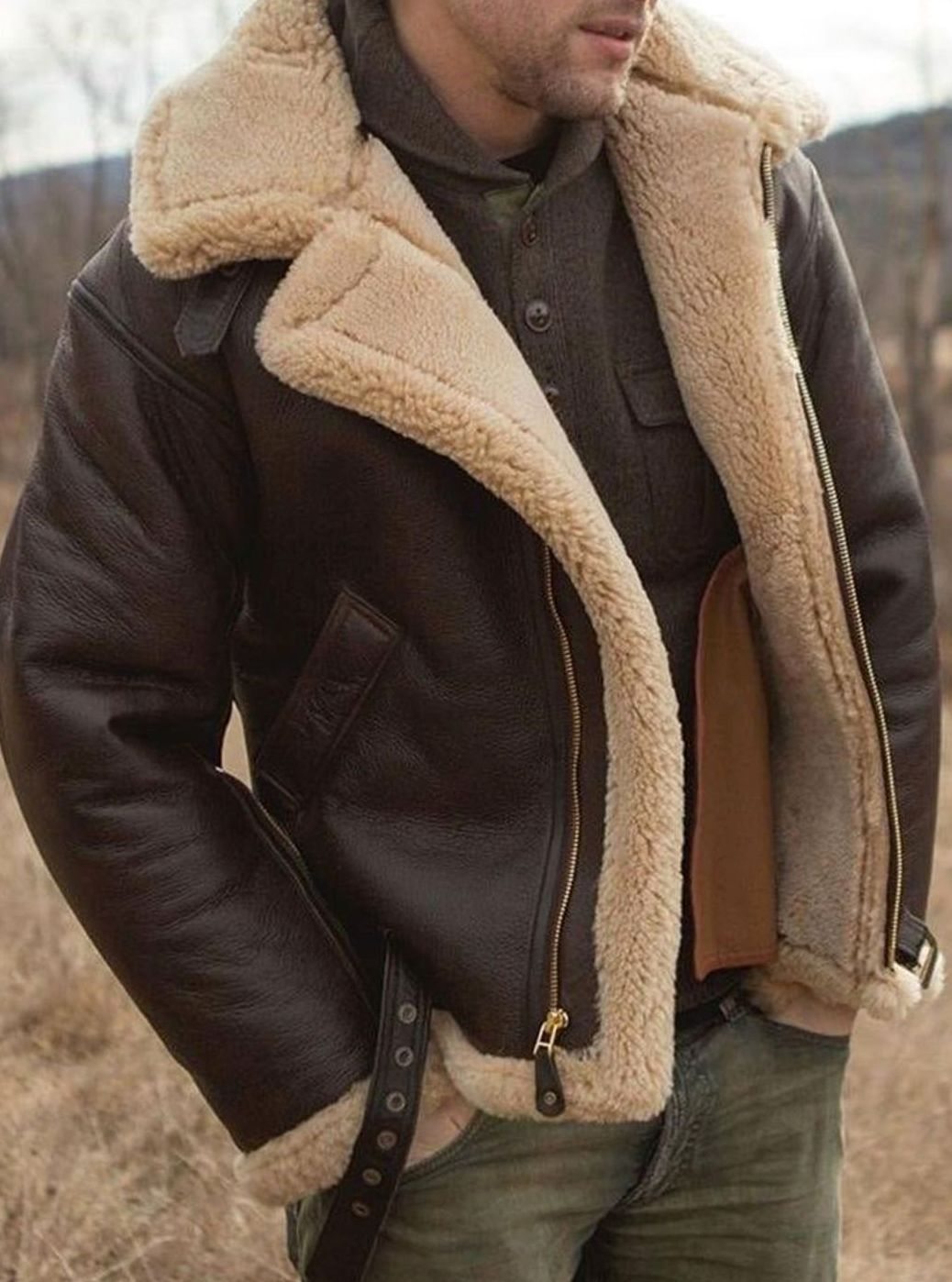 Niklas | Herren Lammfell-Fliegerjacke mit Reißverschluss klassischer Aviator-Schnitt