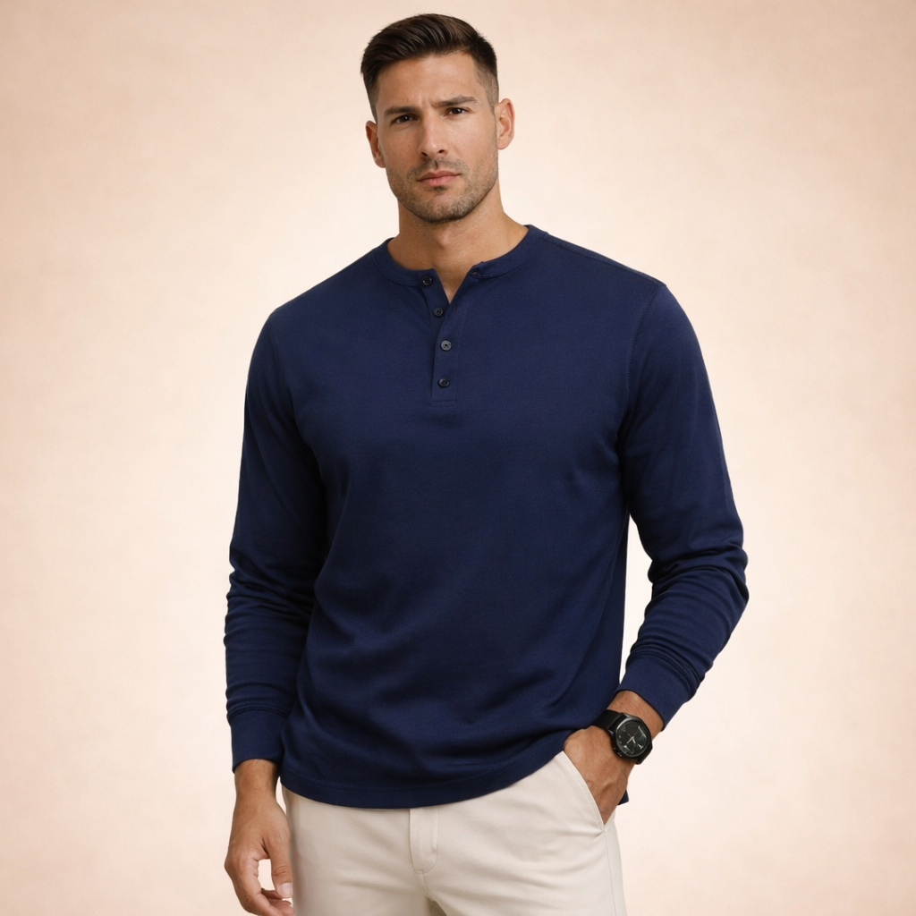 Herren-Langarm-Henley-Shirt mit Knopfleiste und Rippbündchen