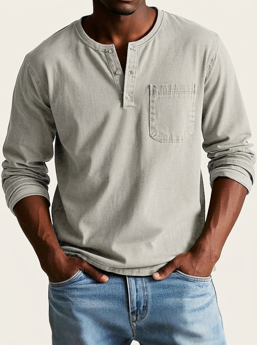 Herren Langarm-Henleyshirt mit Knopfleiste und Brusttasche