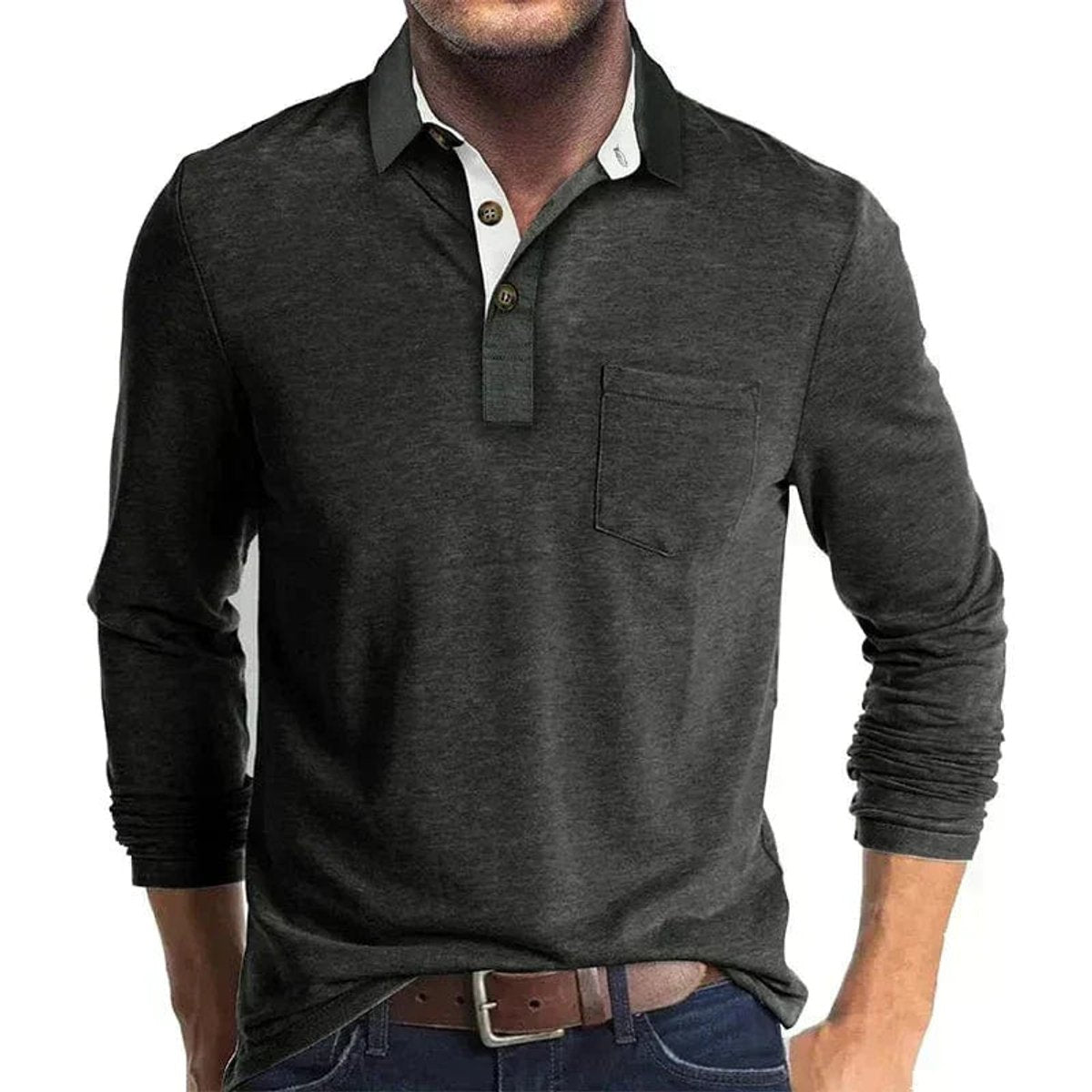 Sebastian | Herren Langarm-Poloshirt mit Brusttasche und Knopfleiste
