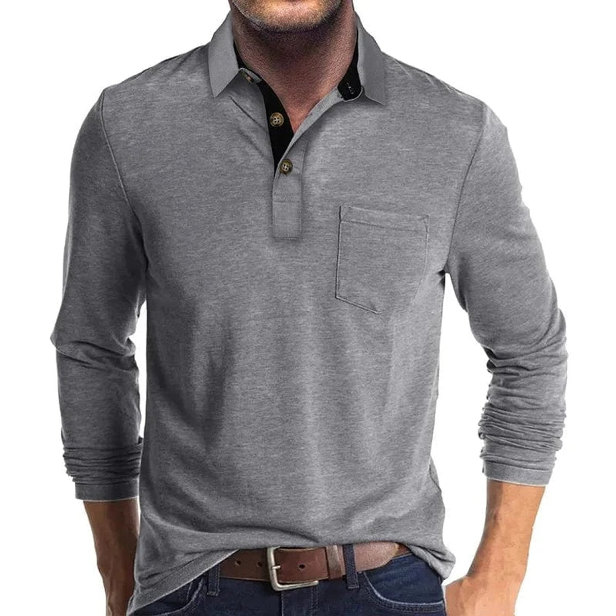 Sebastian | Herren Langarm-Poloshirt mit Brusttasche und Knopfleiste