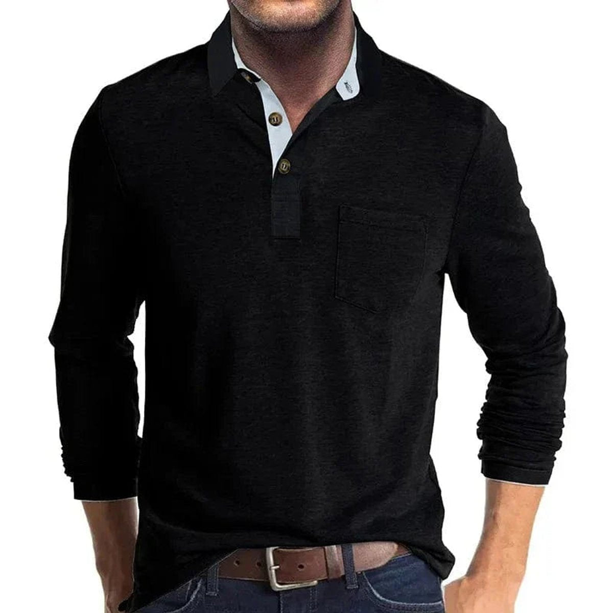 Sebastian | Herren Langarm-Poloshirt mit Brusttasche und Knopfleiste