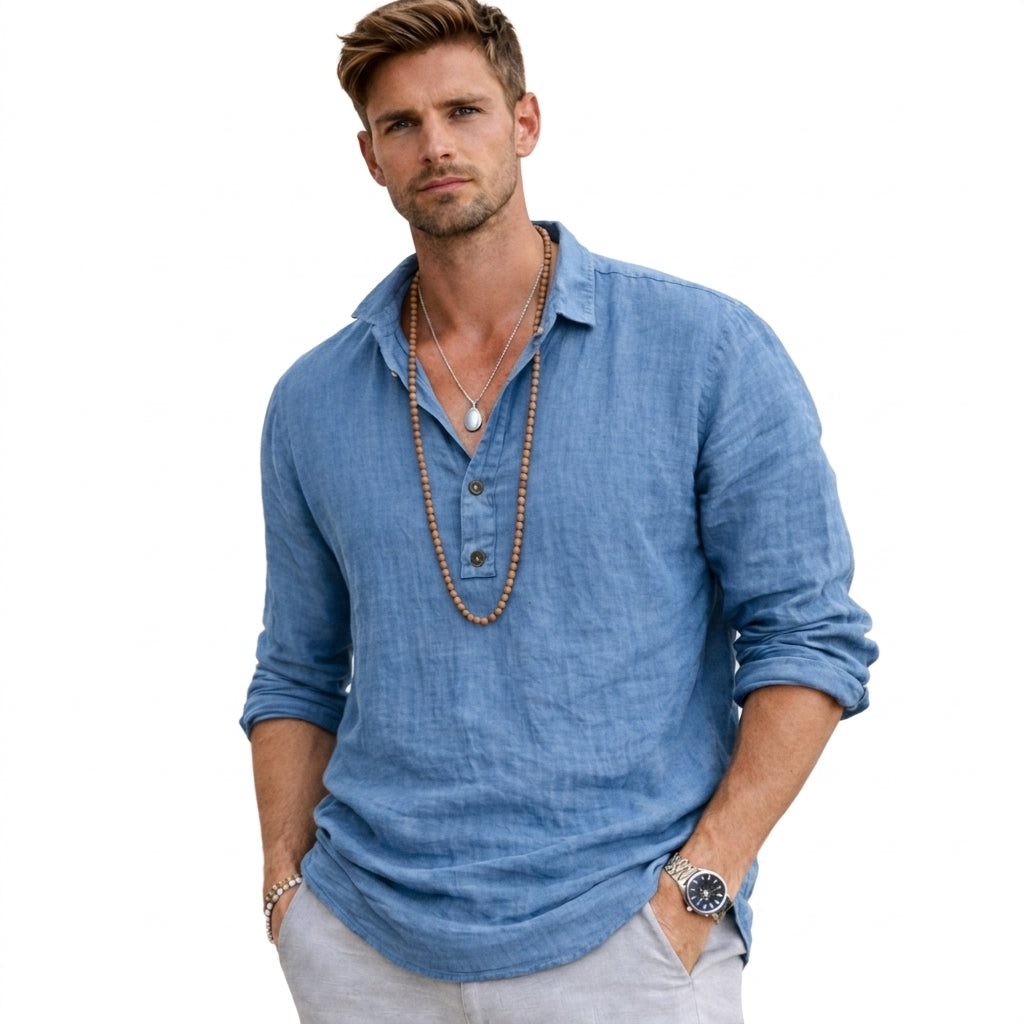Herren-Langarmhemd mit Henley-Ausschnitt und Knopfleiste