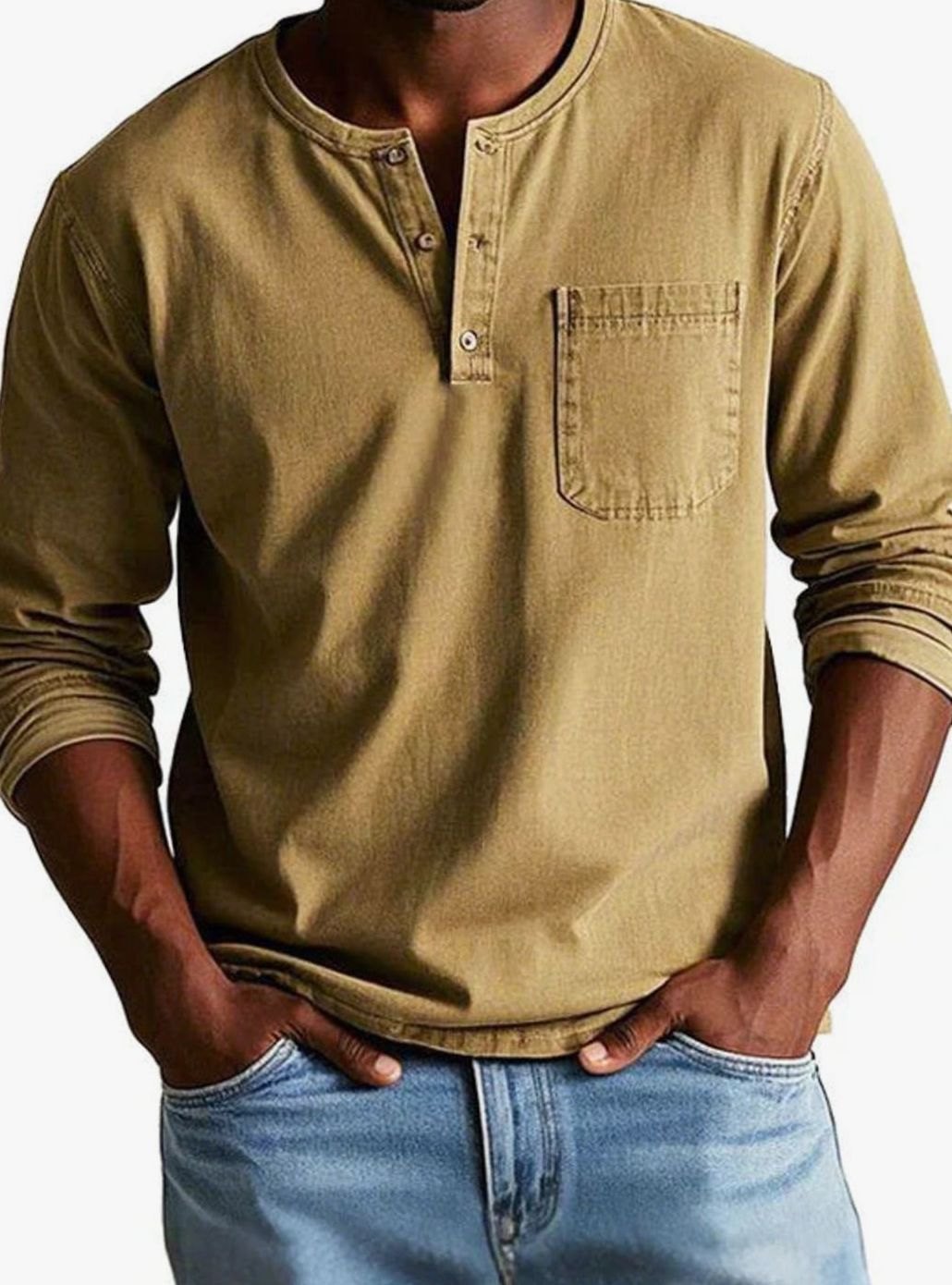 Felix | Herren Lässiges Langarm-Henleyshirt Lockere Passform Brusttasche