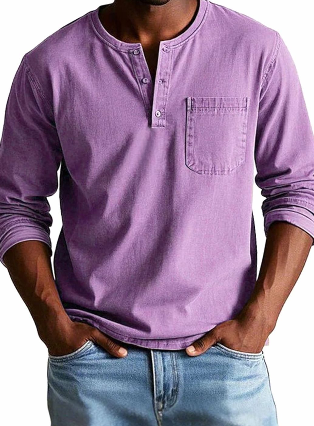 Felix | Herren Lässiges Langarm-Henleyshirt Lockere Passform Brusttasche