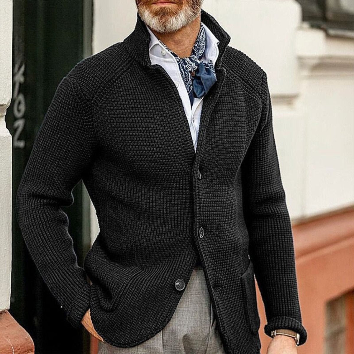 Tobias | Herren Mens Cardigan Strickjacke mit Knopfleiste Waffelstrick