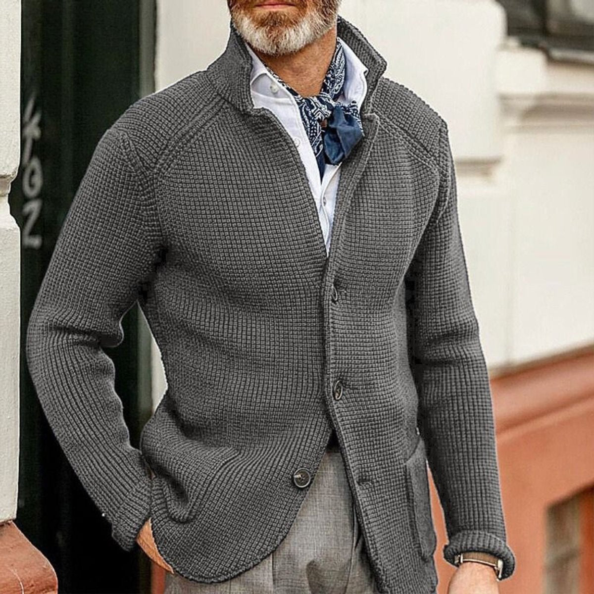 Tobias | Herren Mens Cardigan Strickjacke mit Knopfleiste Waffelstrick