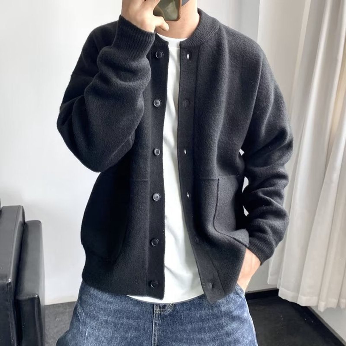 Thomas | Herren Mens Cardigan Strickjacke Rundhals Knopfleiste Oversized