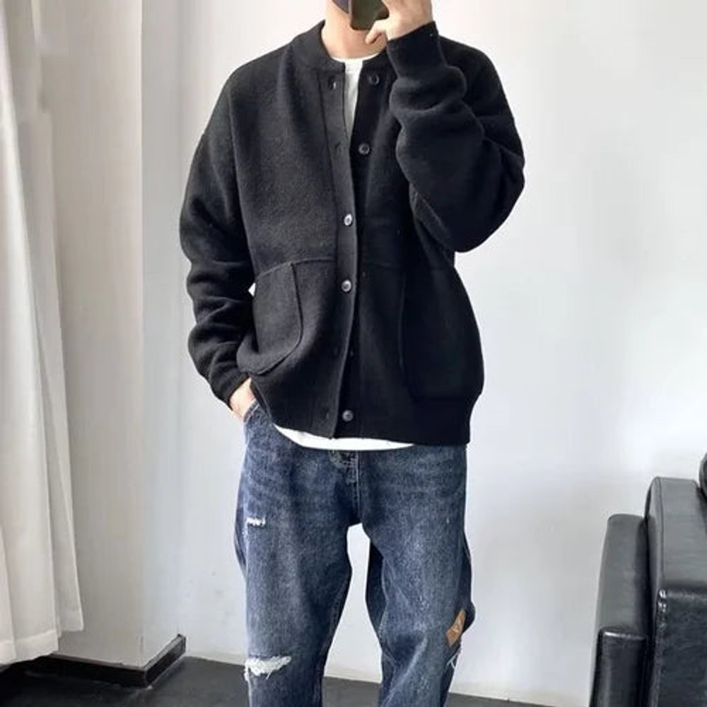 Thomas | Herren Mens Cardigan Strickjacke Rundhals Knopfleiste Oversized
