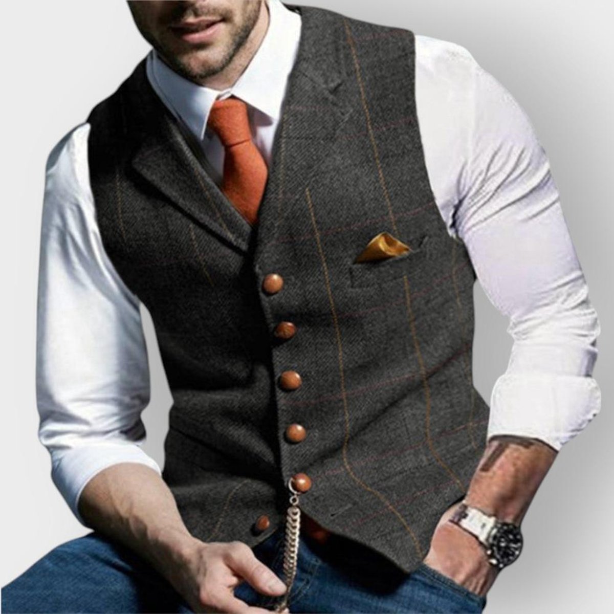 Julian | Herren Mens Gilet elegante Tweed-Weste mit Knopfleiste