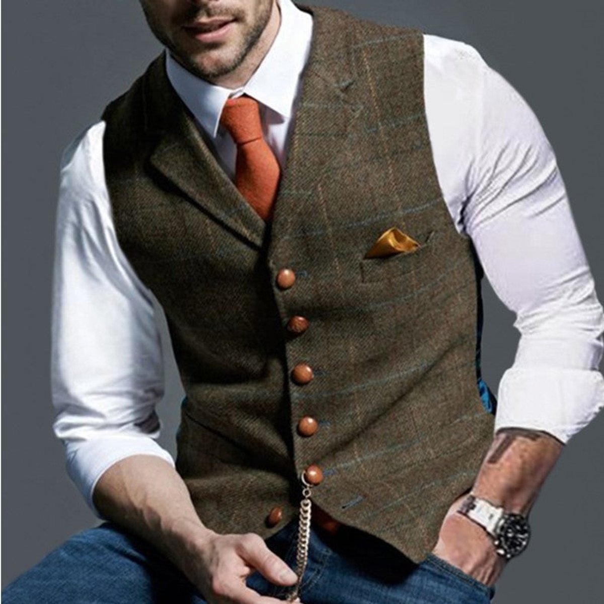Julian | Herren Mens Gilet elegante Tweed-Weste mit Knopfleiste