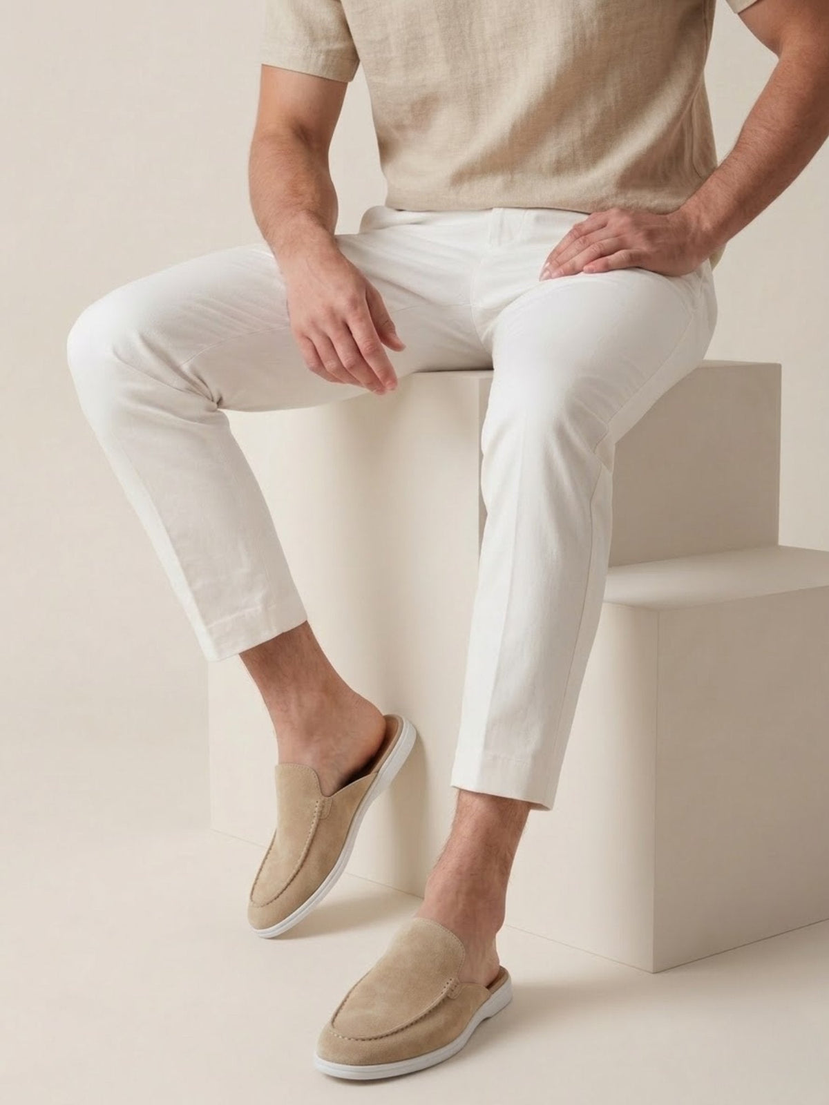 Matthias | Herren Mules Slipper Offene Ferse Sichtbare Nähte Beige