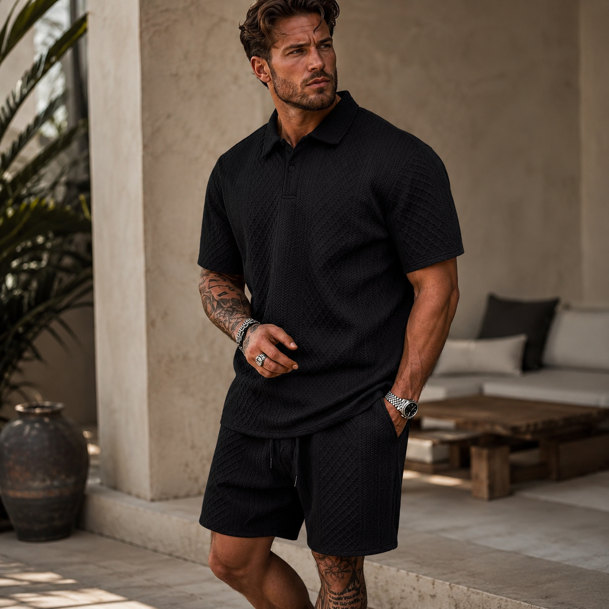 Herren Poloshirt und Shorts Set mit Diagonalem Strukturmuster