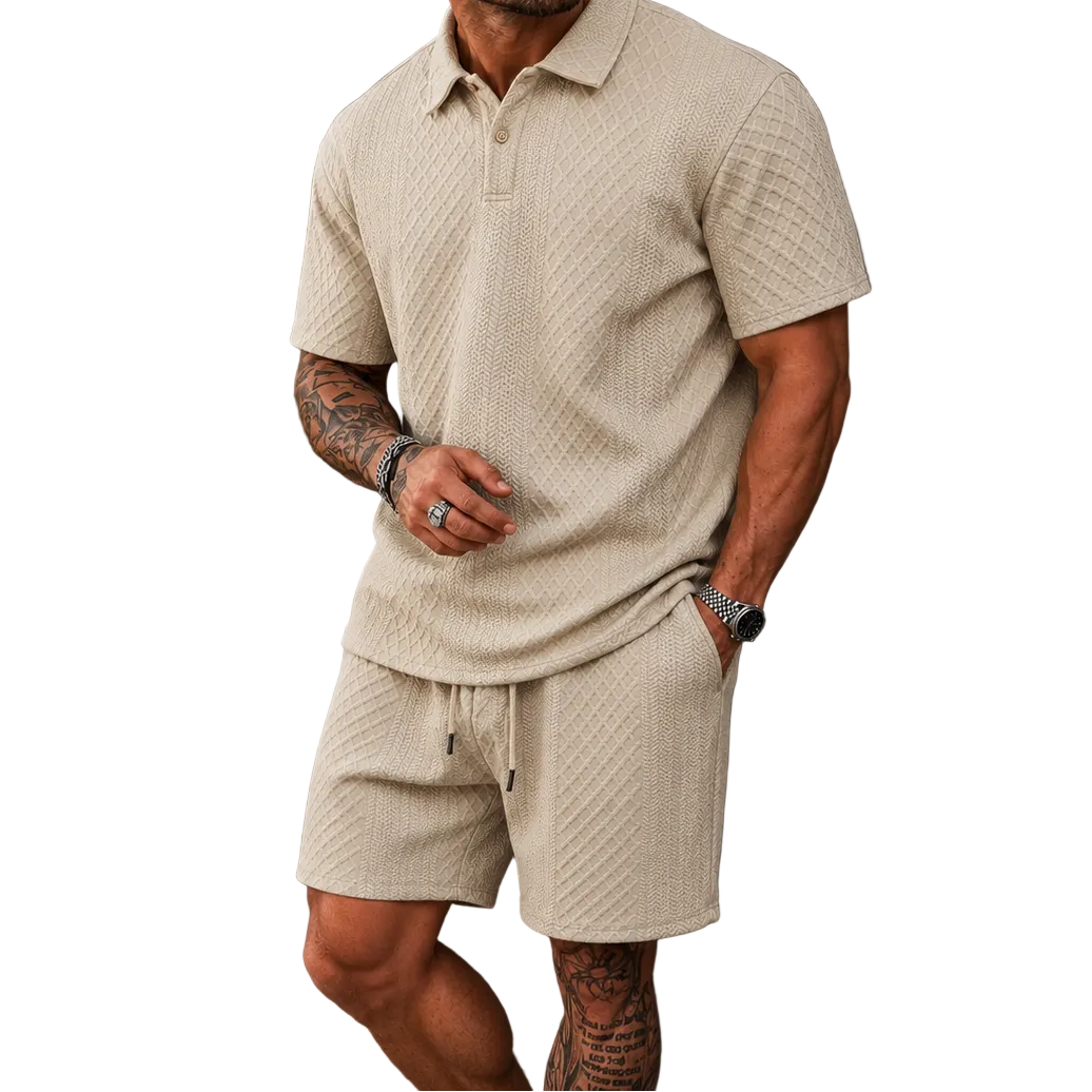 Herren Poloshirt und Shorts Set mit Diagonalem Strukturmuster