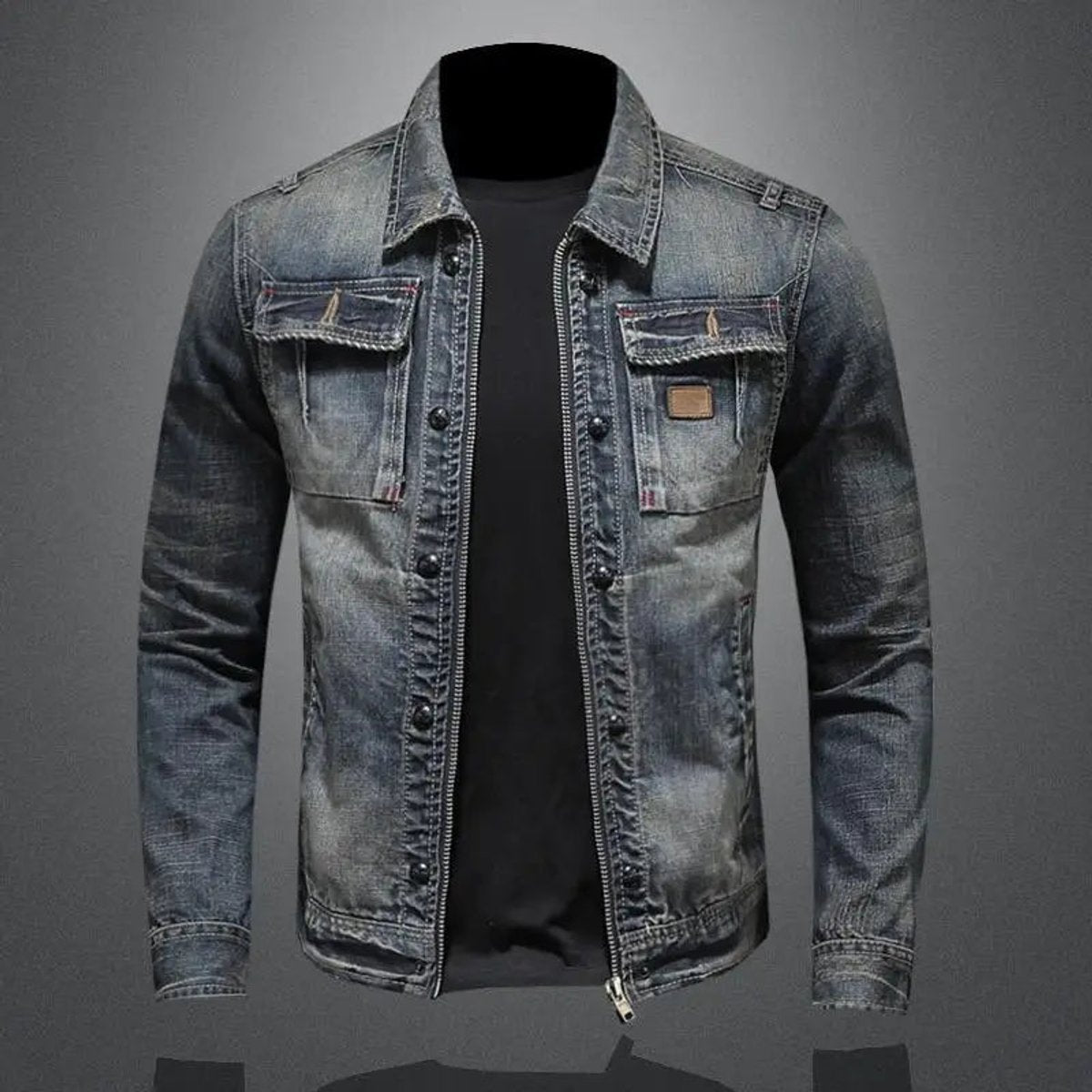 Simon | Herren Retro Vintage Denim Jacke mit Reißverschluss Used-Look