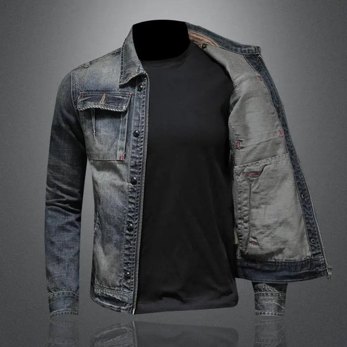 Simon | Herren Retro Vintage Denim Jacke mit Reißverschluss Used-Look