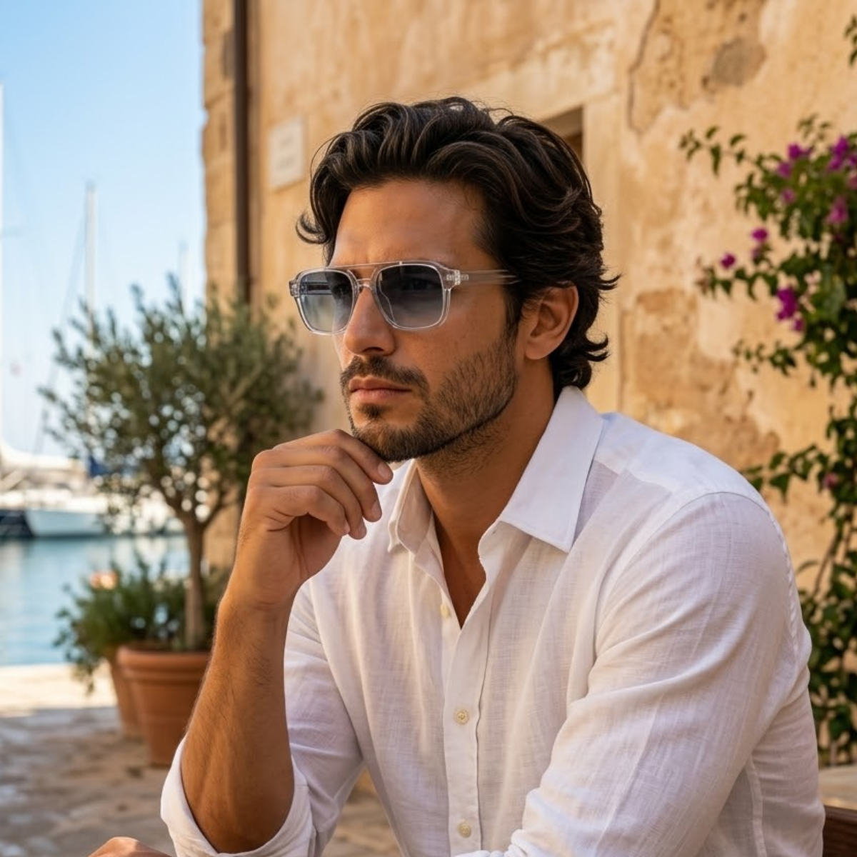 Herren Sonnenbrille mit transparenter eckiger Fassung und gerippten Bügeln