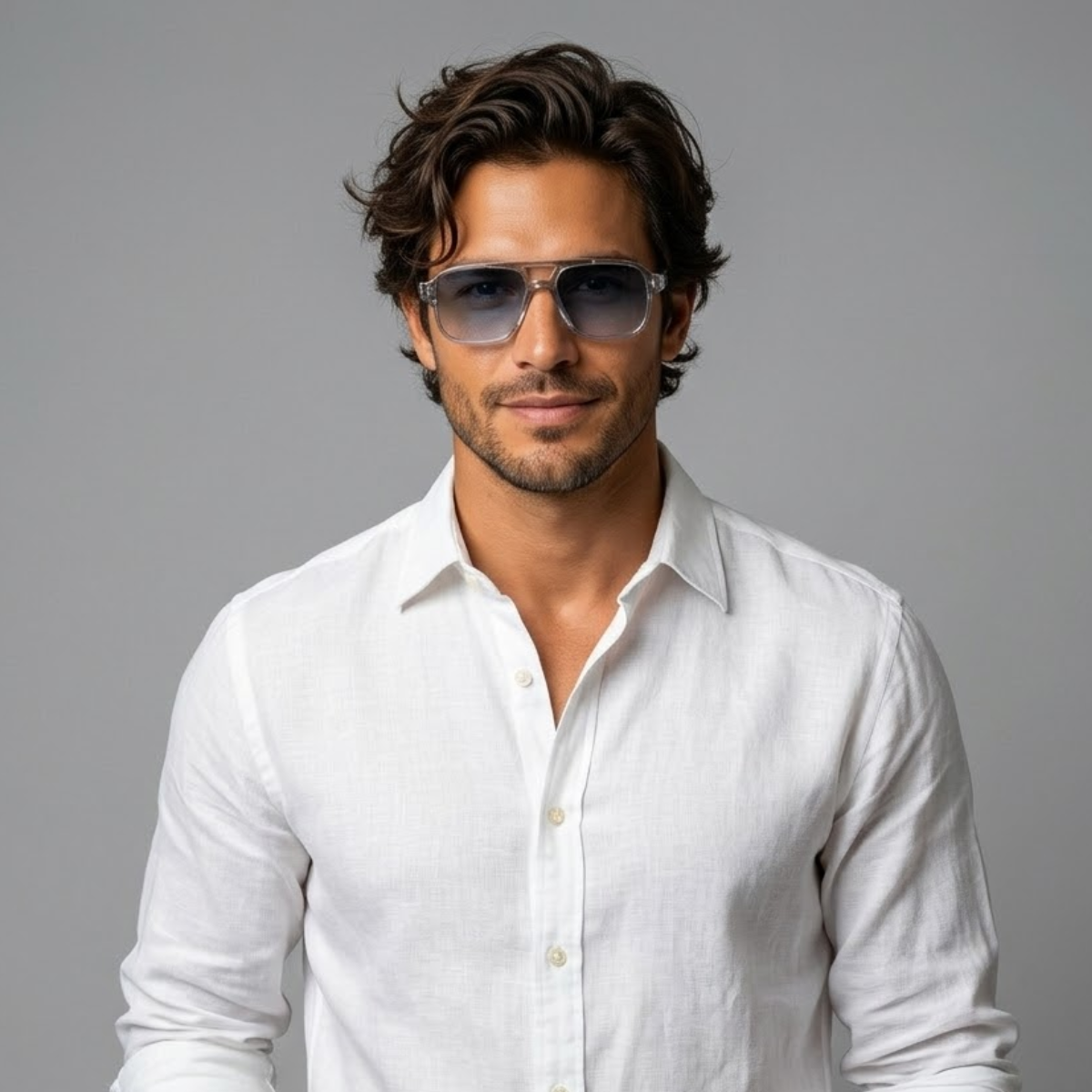 Herren Sonnenbrille mit transparenter eckiger Fassung und gerippten Bügeln