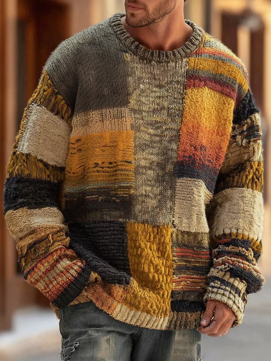 Lukas | Herren Strickpullover Patchwork Rundhals Langarm Grobstrick