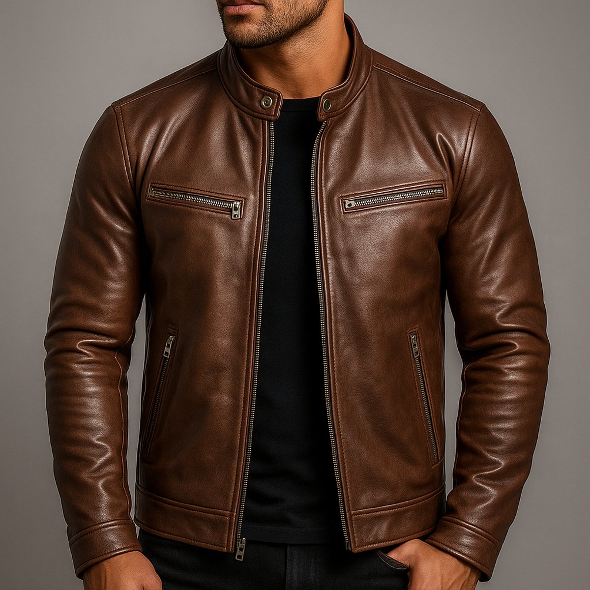 Simon | Herren Vintage Biker Lederjacke Reißverschluss Vier-Taschen-Design