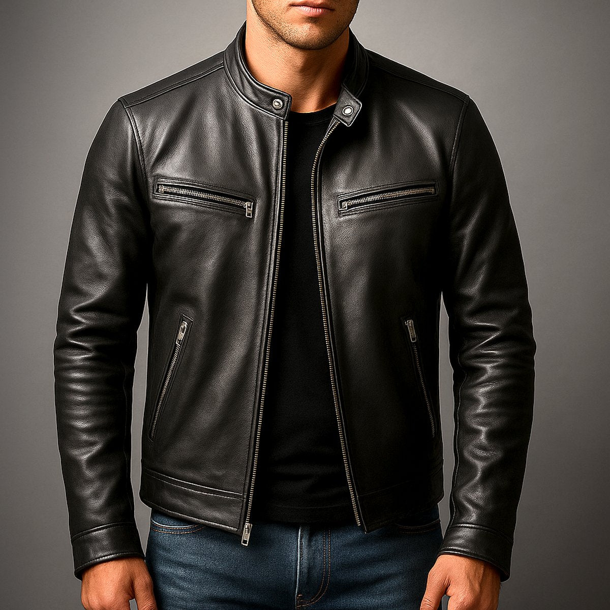 Simon | Herren Vintage Biker Lederjacke Reißverschluss Vier-Taschen-Design