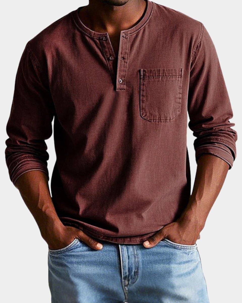 Elias | Herren Vintage Langarm Henley-Shirt mit Brusttasche